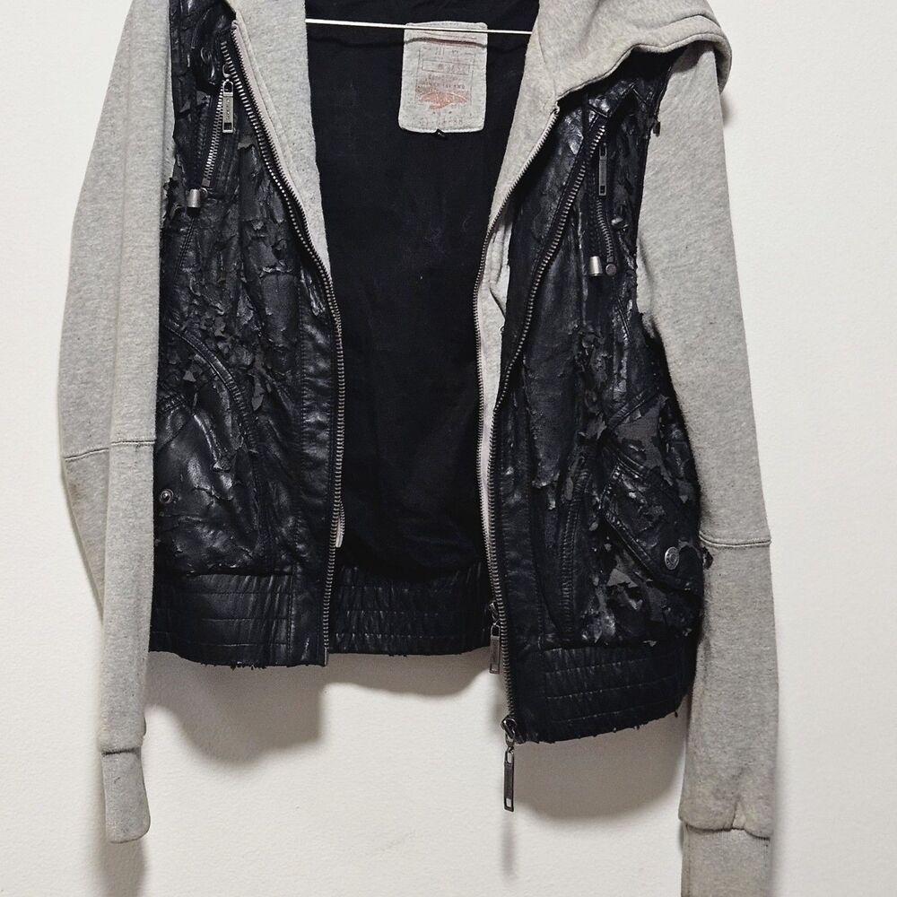 River Island Thrashed Distressed Faux Leather Hooded Jacket Grunge Goth Punk S